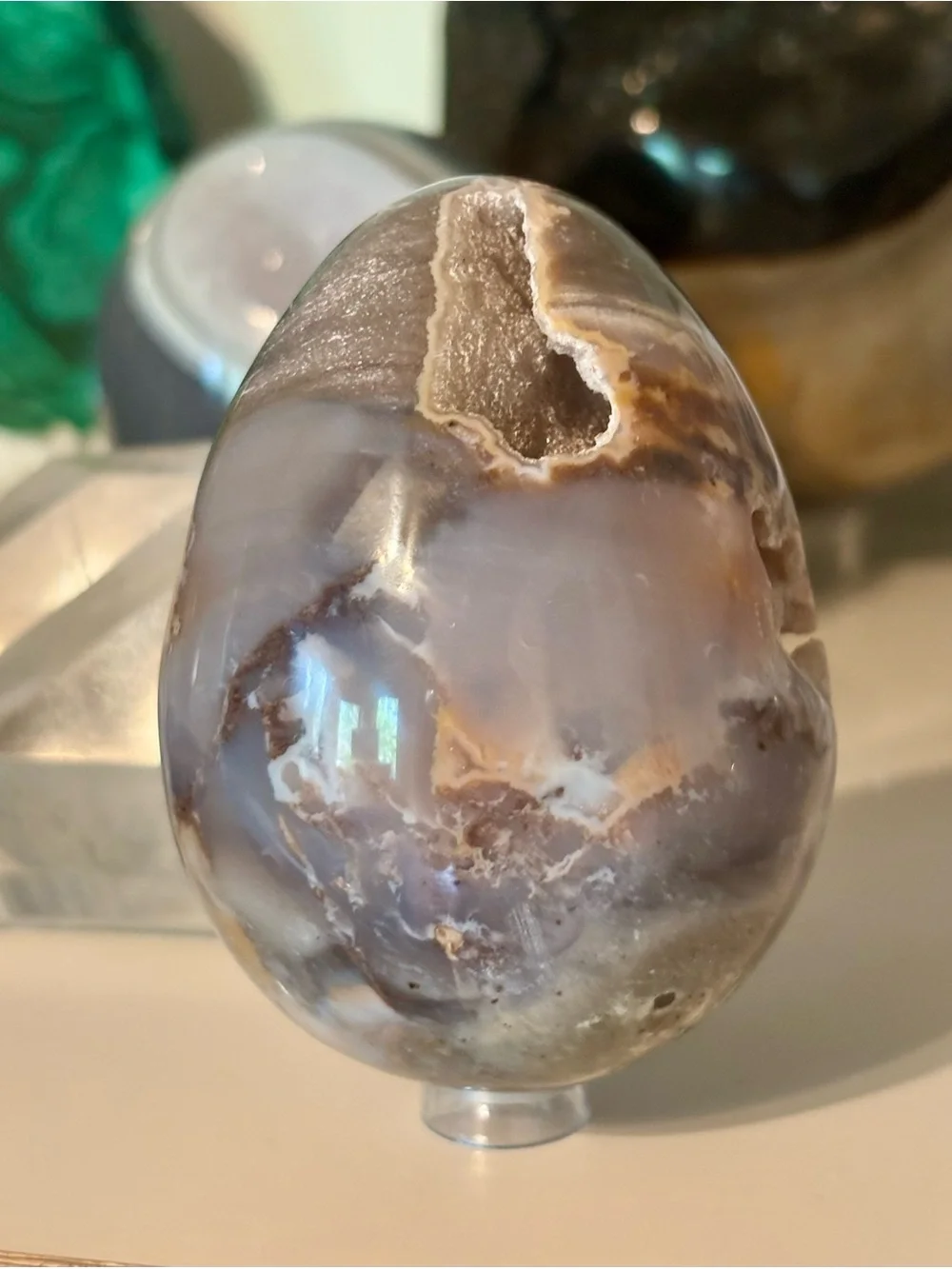 Druzy Ocean Jasper Geode Egg ~400g – Natural Crystal Cavities & Polished Egg